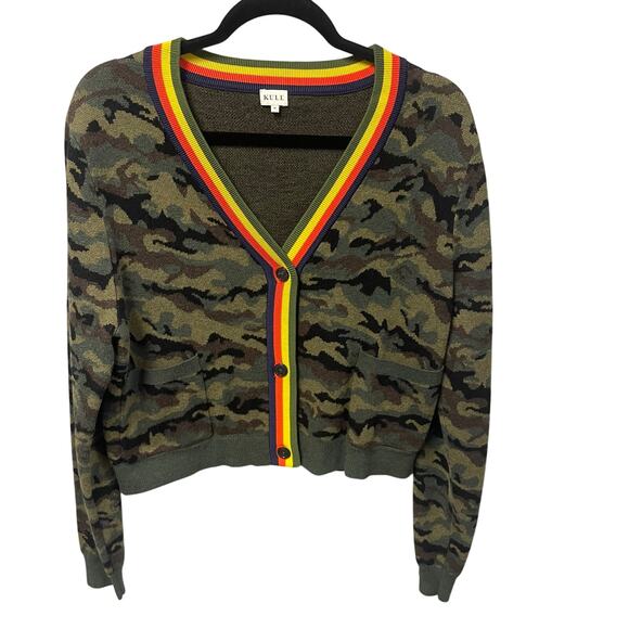 Kule The Jane Camo Cardigan Multicolor Striped Trim Button Front Womens Medium - Picture 1 of 5